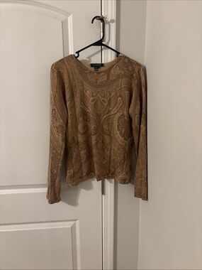 LAUREN Ralph Lauren Tan Paisley Long-Sleeve Top Cashmere Silk